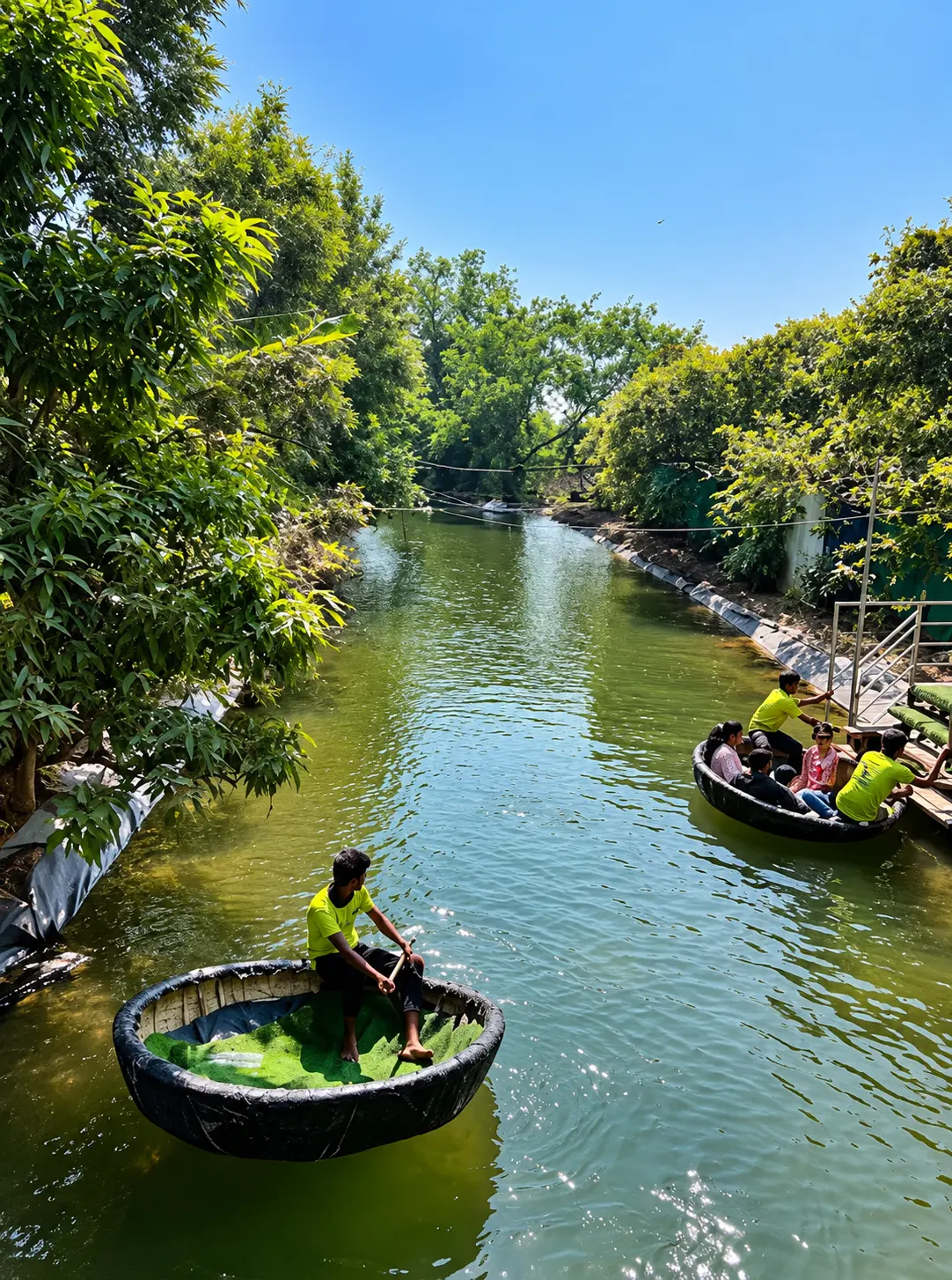 Coracle boats on the green canal at Peruchi Wadi