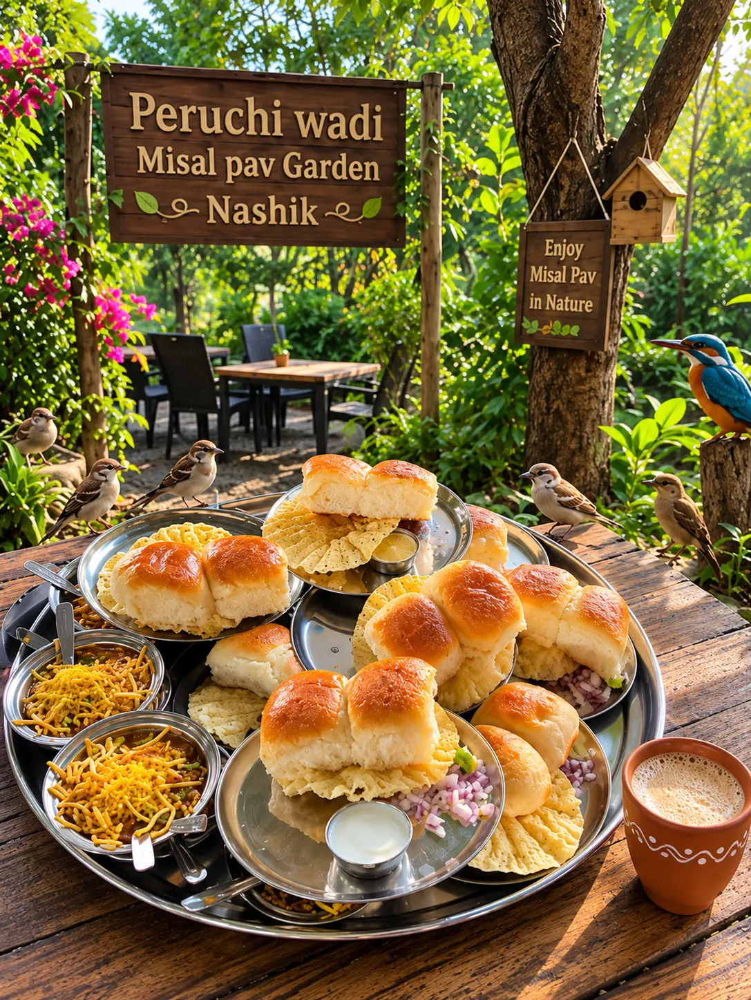 Misal pav feast on a wooden table in the garden